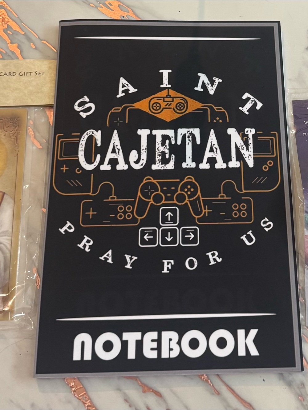 Saint Cajetan Religious Set-Notebook, Holy Card, Keychain, And Pendant